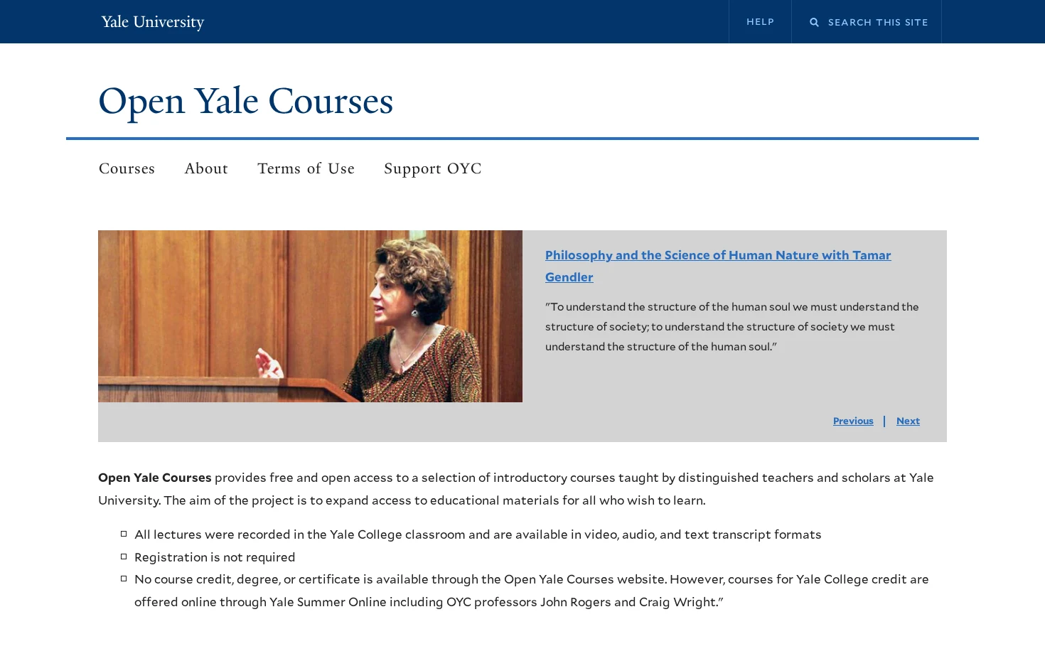 Open Yale Courses 页面快照